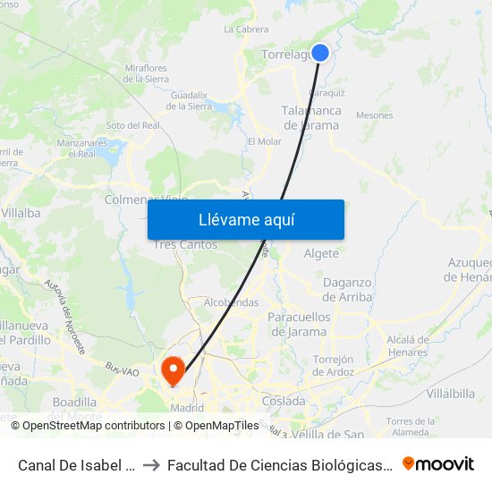 Canal De Isabel II - Torrearte to Facultad De Ciencias Biológicas Y Ciencias Geológicas map