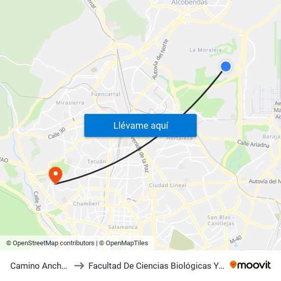 Camino Ancho - Colegio to Facultad De Ciencias Biológicas Y Ciencias Geológicas map