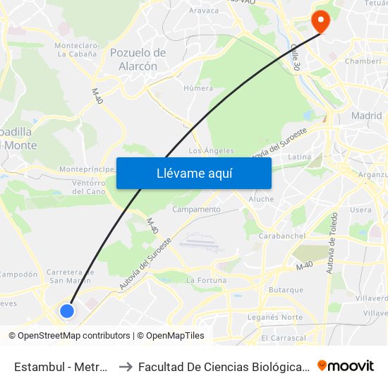 Estambul - Metro Parque Oeste to Facultad De Ciencias Biológicas Y Ciencias Geológicas map