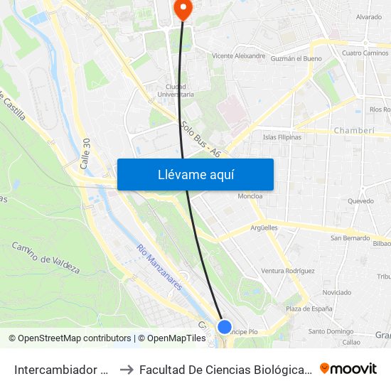Intercambiador De Príncipe Pío to Facultad De Ciencias Biológicas Y Ciencias Geológicas map