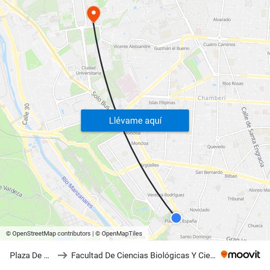 Plaza De España to Facultad De Ciencias Biológicas Y Ciencias Geológicas map