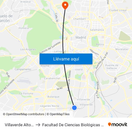 Villaverde Alto Cercanías to Facultad De Ciencias Biológicas Y Ciencias Geológicas map