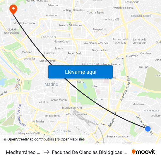 Mediterráneo - Pío Felipe to Facultad De Ciencias Biológicas Y Ciencias Geológicas map