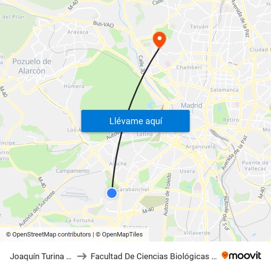 Joaquín Turina - Las Cruces to Facultad De Ciencias Biológicas Y Ciencias Geológicas map