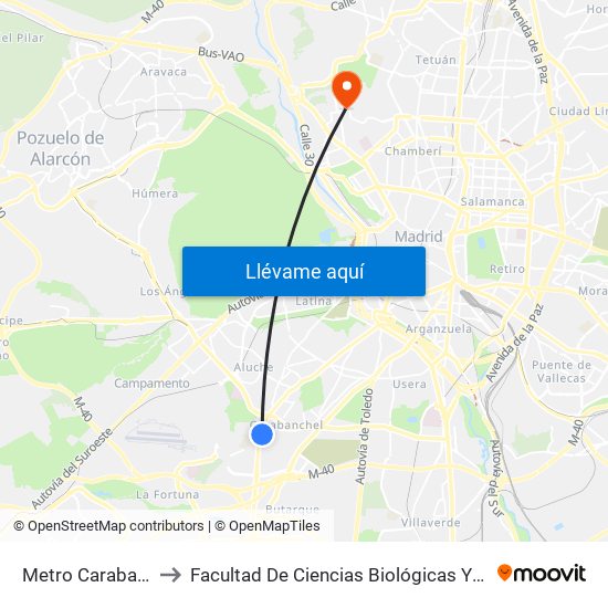 Metro Carabanchel Alto to Facultad De Ciencias Biológicas Y Ciencias Geológicas map