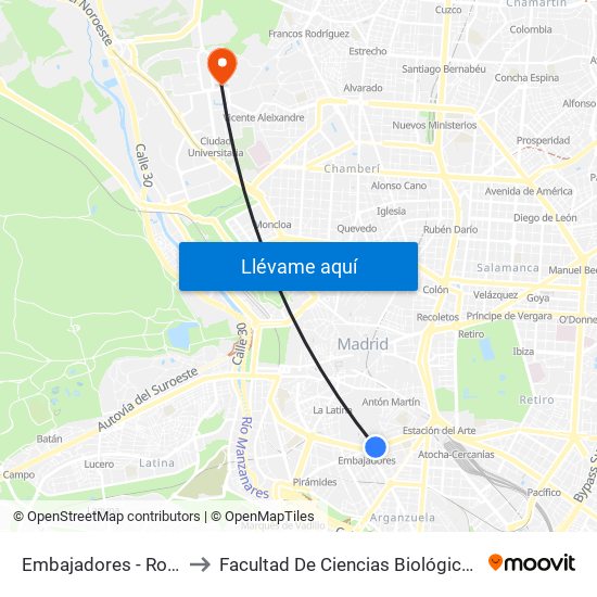 Embajadores - Ronda De Valencia to Facultad De Ciencias Biológicas Y Ciencias Geológicas map