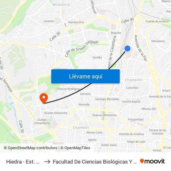 Hiedra - Est. Chamartín to Facultad De Ciencias Biológicas Y Ciencias Geológicas map