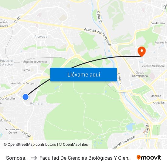 Somosaguas to Facultad De Ciencias Biológicas Y Ciencias Geológicas map