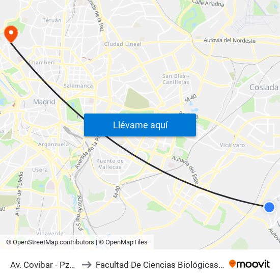 Av. Covibar - Pza. Pau Casals to Facultad De Ciencias Biológicas Y Ciencias Geológicas map