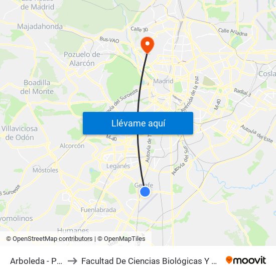 Arboleda - Pza. Beso to Facultad De Ciencias Biológicas Y Ciencias Geológicas map