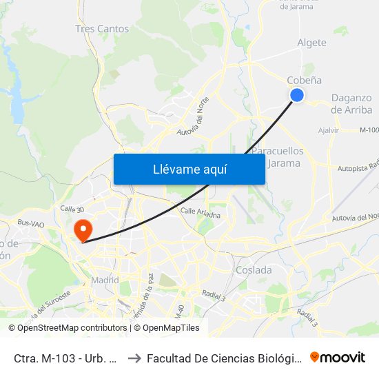 Ctra. M-103 - Urb. Mirador De Cobeña to Facultad De Ciencias Biológicas Y Ciencias Geológicas map