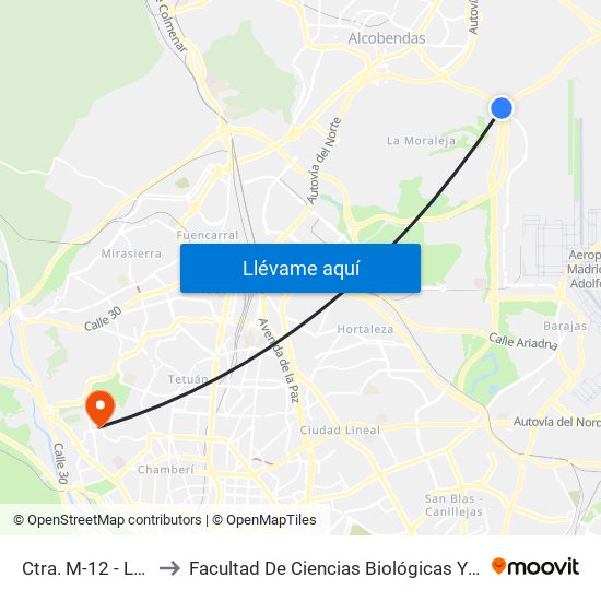 Ctra. M-12 - La Moraleja to Facultad De Ciencias Biológicas Y Ciencias Geológicas map