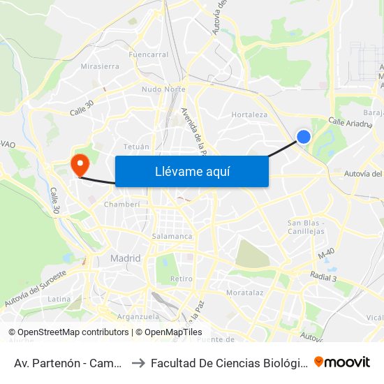 Av. Partenón - Campo De Las Naciones to Facultad De Ciencias Biológicas Y Ciencias Geológicas map