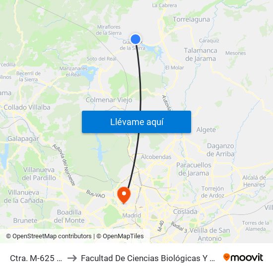 Ctra. M-625 - Viveros to Facultad De Ciencias Biológicas Y Ciencias Geológicas map