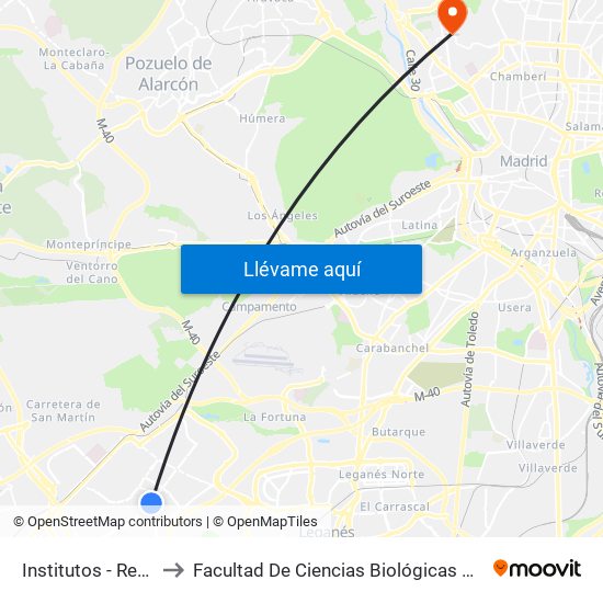 Institutos - Recinto Ferial to Facultad De Ciencias Biológicas Y Ciencias Geológicas map