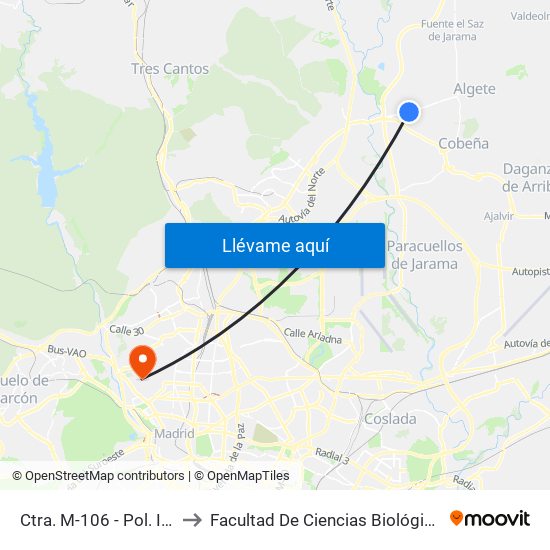 Ctra. M-106 - Pol. Ind. Río De Janeiro to Facultad De Ciencias Biológicas Y Ciencias Geológicas map