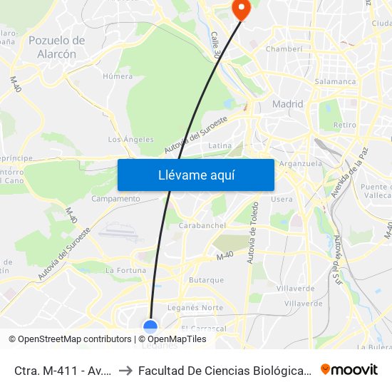 Ctra. M-411 - Av. Mediterráneo to Facultad De Ciencias Biológicas Y Ciencias Geológicas map