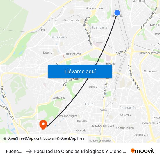 Fuencarral to Facultad De Ciencias Biológicas Y Ciencias Geológicas map