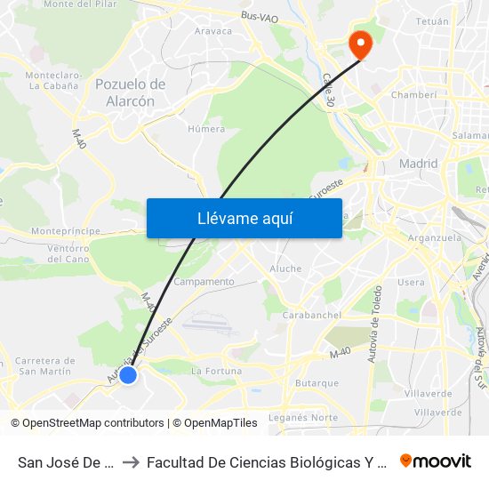 San José De Valderas to Facultad De Ciencias Biológicas Y Ciencias Geológicas map