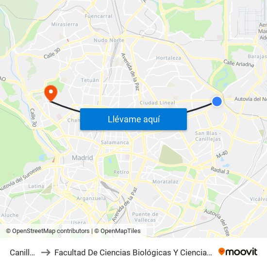 Canillejas to Facultad De Ciencias Biológicas Y Ciencias Geológicas map