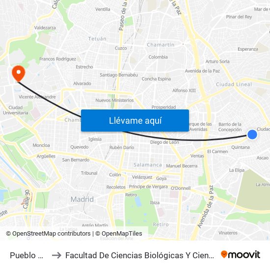 Pueblo Nuevo to Facultad De Ciencias Biológicas Y Ciencias Geológicas map