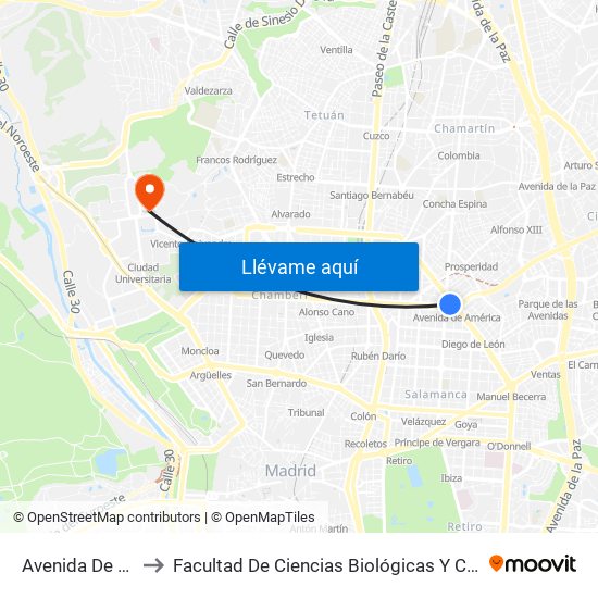 Avenida De América to Facultad De Ciencias Biológicas Y Ciencias Geológicas map