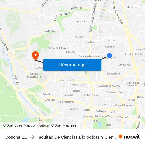 Concha Espina to Facultad De Ciencias Biológicas Y Ciencias Geológicas map