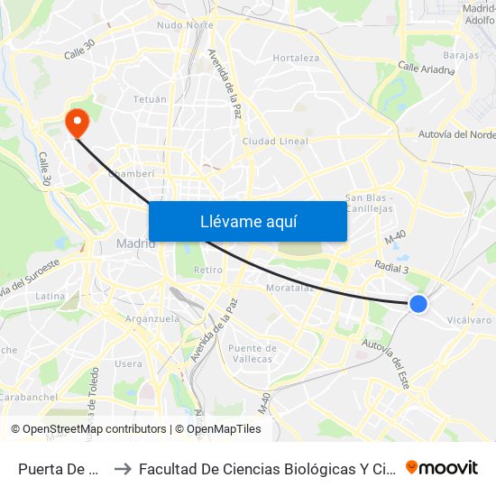 Puerta De Arganda to Facultad De Ciencias Biológicas Y Ciencias Geológicas map