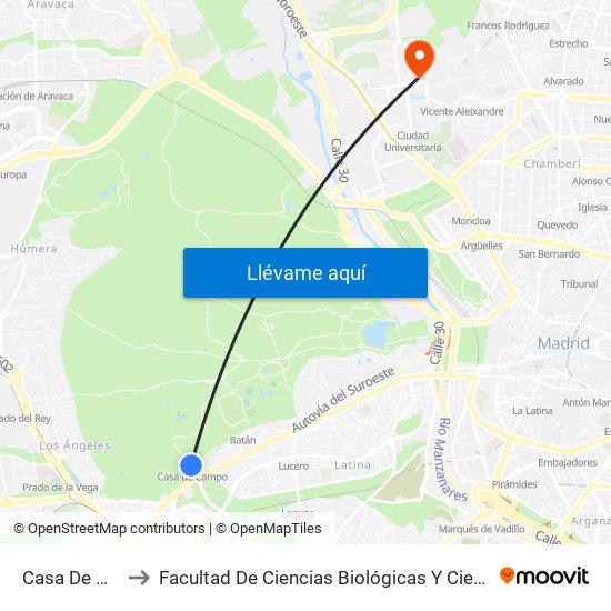 Casa De Campo to Facultad De Ciencias Biológicas Y Ciencias Geológicas map