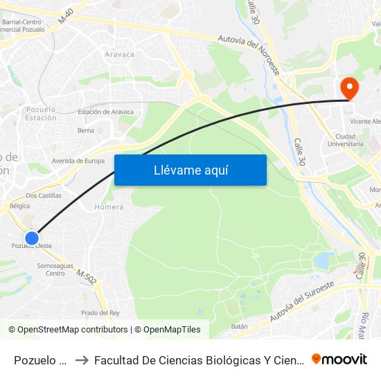 Pozuelo Oeste to Facultad De Ciencias Biológicas Y Ciencias Geológicas map