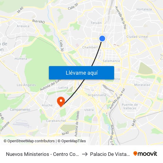 Nuevos Ministerios - Centro Comercial to Palacio De Vistalegre map