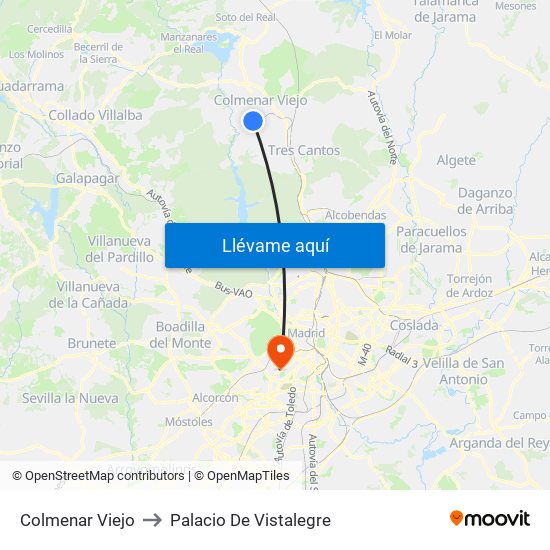 Colmenar Viejo to Palacio De Vistalegre map