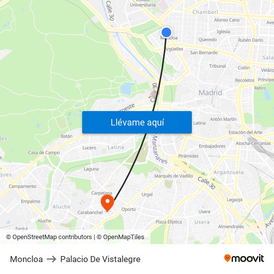 Moncloa to Palacio De Vistalegre map