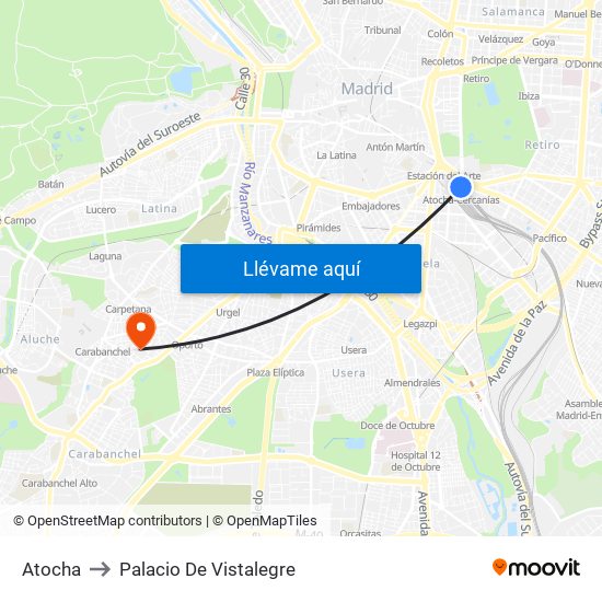 Atocha to Palacio De Vistalegre map