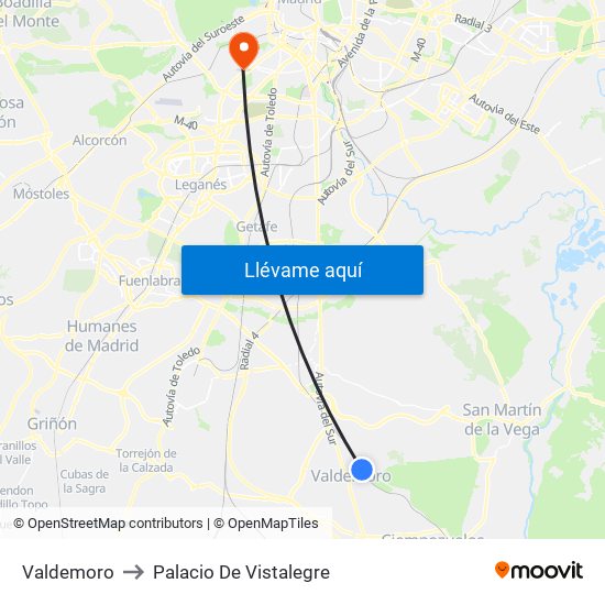 Valdemoro to Palacio De Vistalegre map