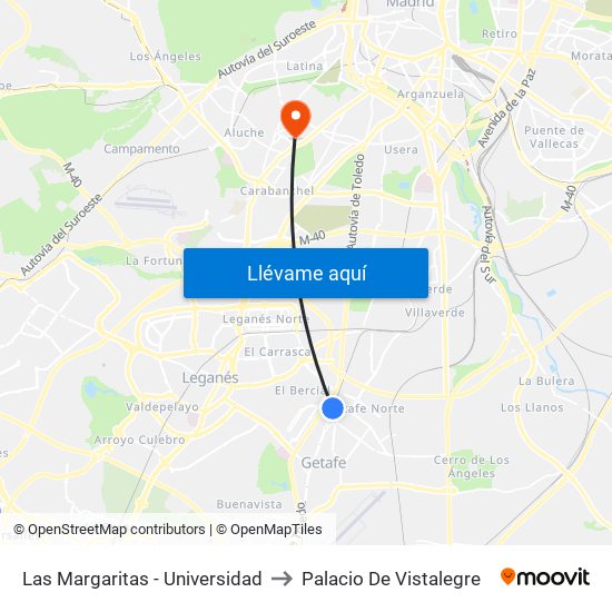 Las Margaritas - Universidad to Palacio De Vistalegre map