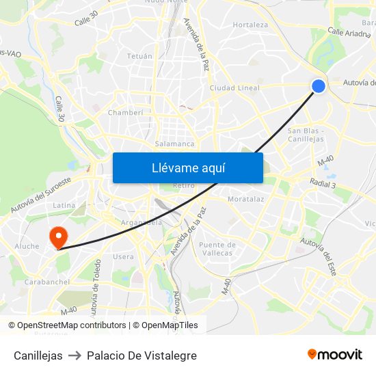 Canillejas to Palacio De Vistalegre map