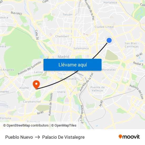 Pueblo Nuevo to Palacio De Vistalegre map