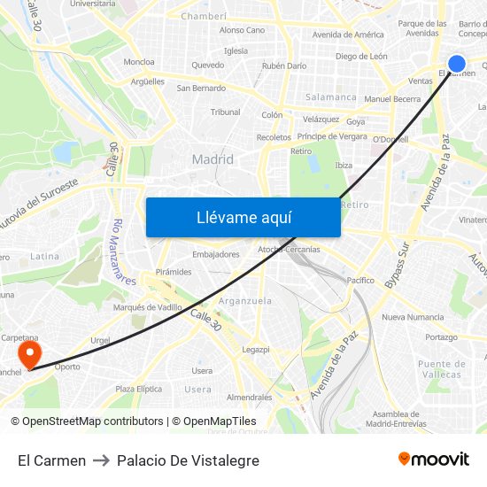 El Carmen to Palacio De Vistalegre map