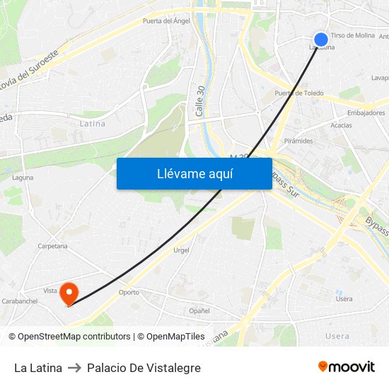 La Latina to Palacio De Vistalegre map