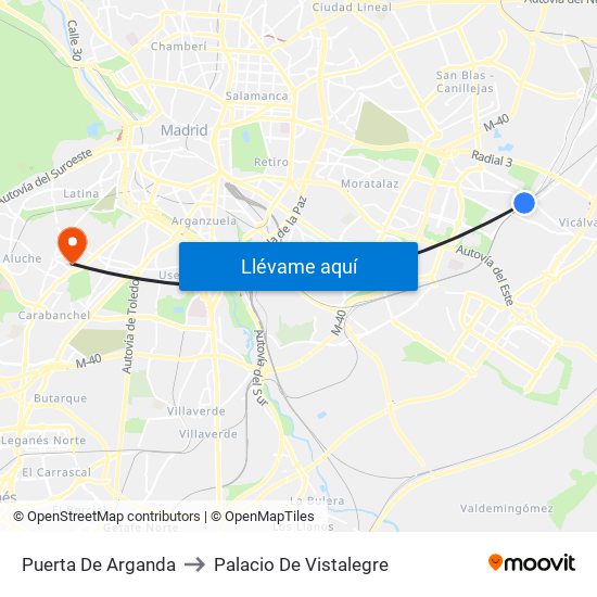Puerta De Arganda to Palacio De Vistalegre map