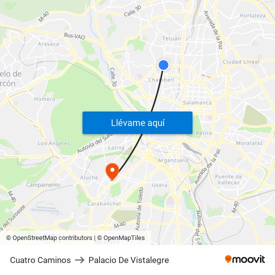 Cuatro Caminos to Palacio De Vistalegre map