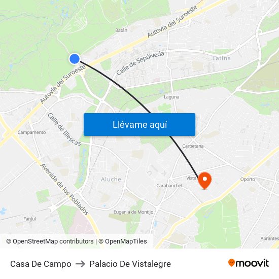 Casa De Campo to Palacio De Vistalegre map