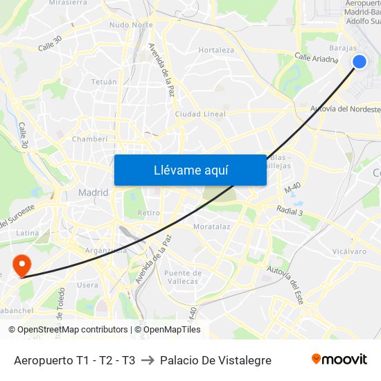 Aeropuerto T1 - T2 - T3 to Palacio De Vistalegre map