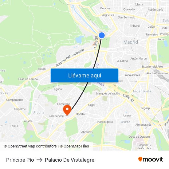 Príncipe Pío to Palacio De Vistalegre map