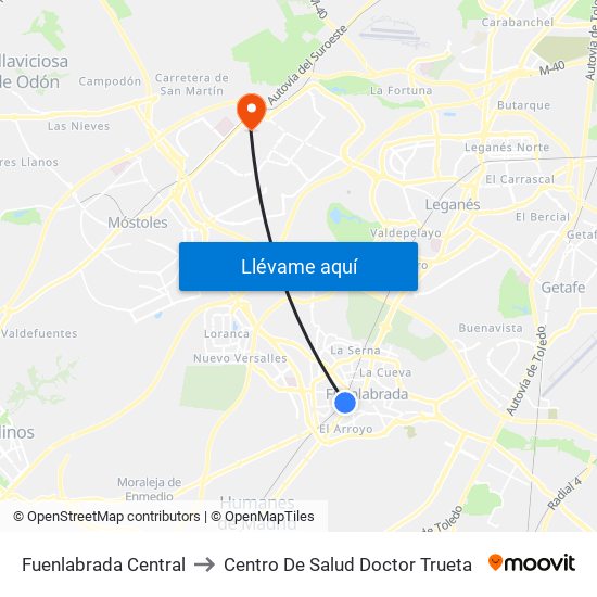 Fuenlabrada Central to Centro De Salud Doctor Trueta map