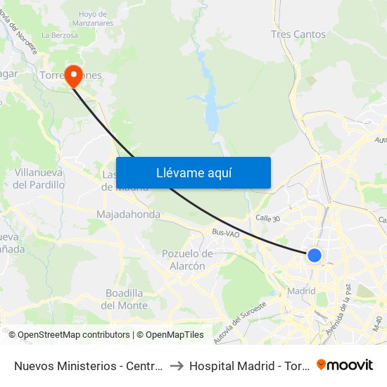 Nuevos Ministerios - Centro Comercial to Hospital Madrid - Torrelodones map