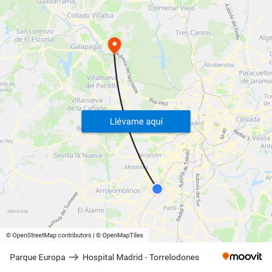 Parque Europa to Hospital Madrid - Torrelodones map