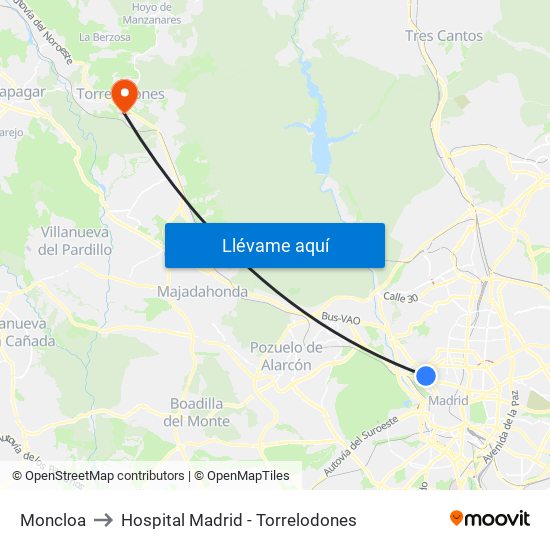 Moncloa to Hospital Madrid - Torrelodones map