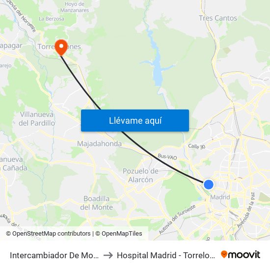 Intercambiador De Moncloa to Hospital Madrid - Torrelodones map